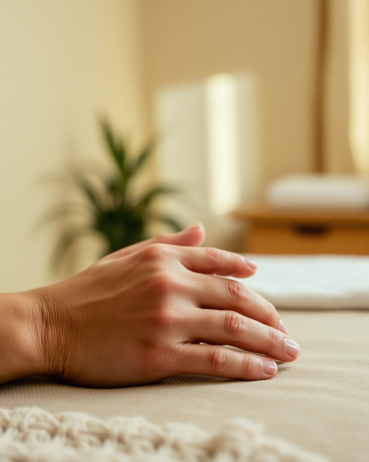 A massage therapist's hands resting calmly before a session