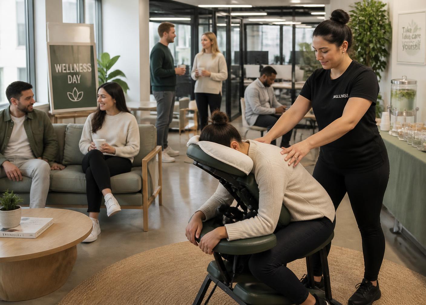 Employees at a workplace wellness day with an on-site massage therapist